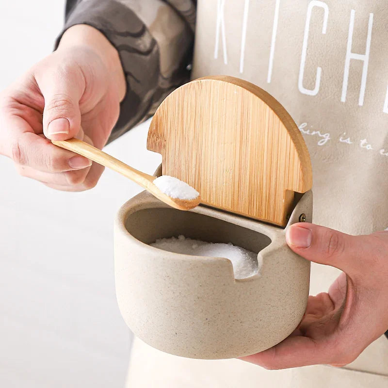 Japanese Style Ceramic Spice Jar with Bamboo Lid & Spoon