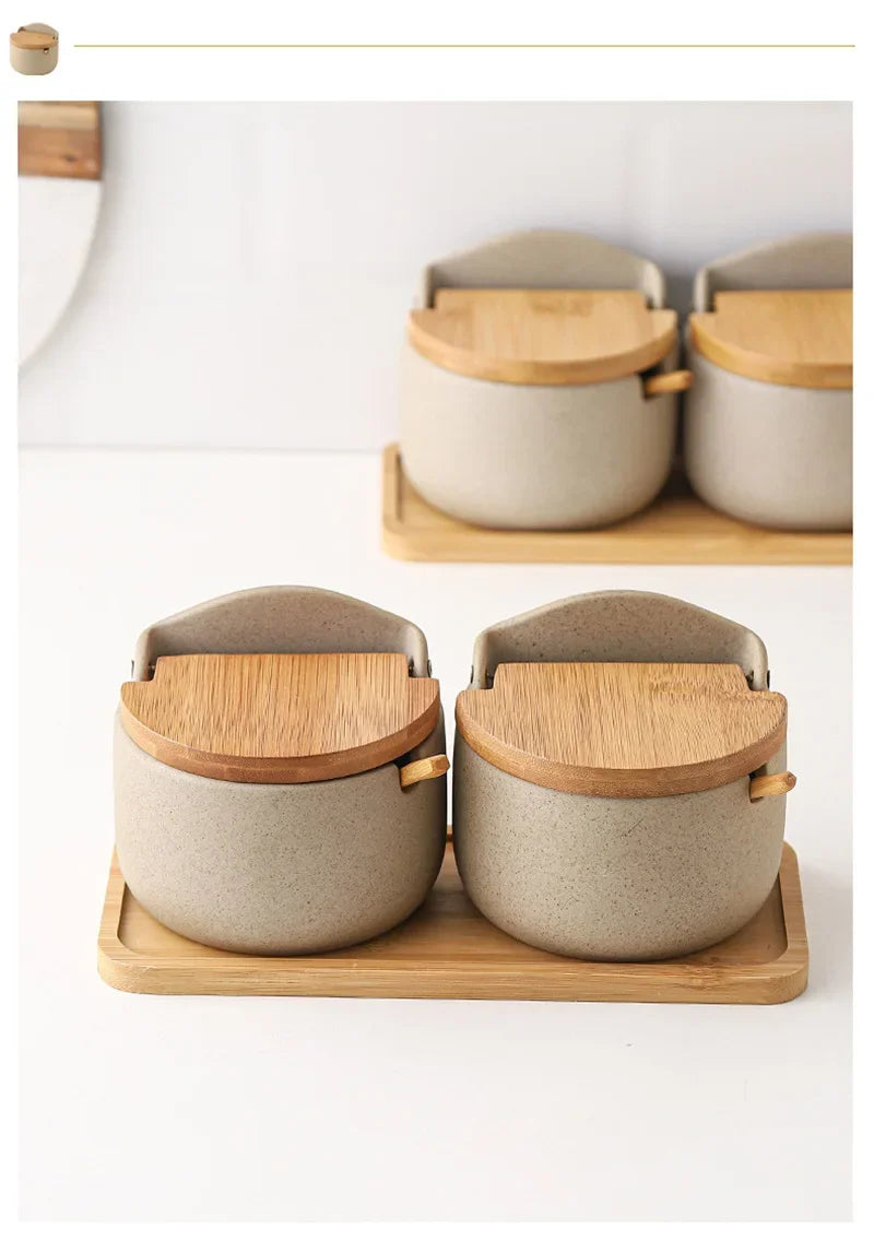 Japanese Style Ceramic Spice Jar with Bamboo Lid & Spoon