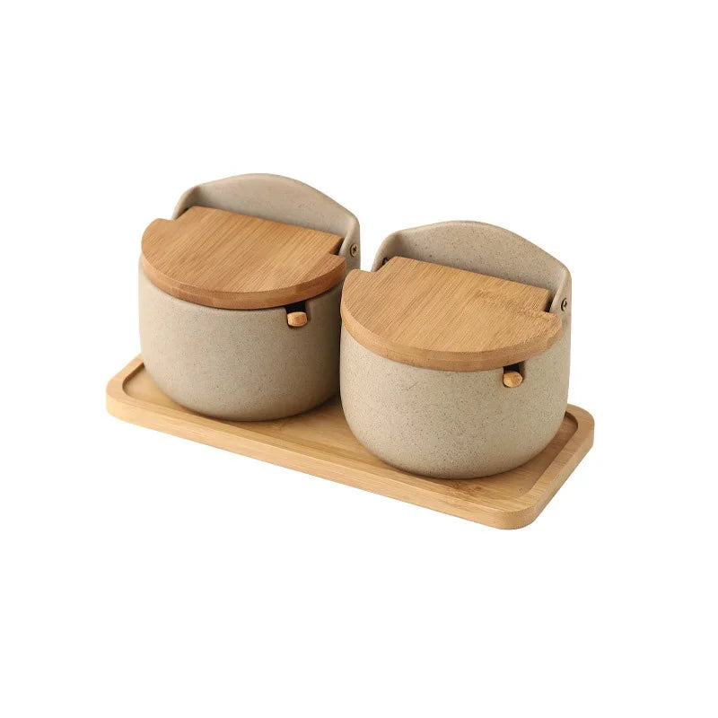 Japanese Style Ceramic Spice Jar with Bamboo Lid & Spoon