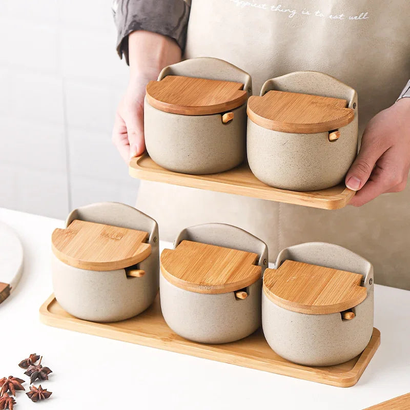 Japanese Style Ceramic Spice Jar with Bamboo Lid & Spoon