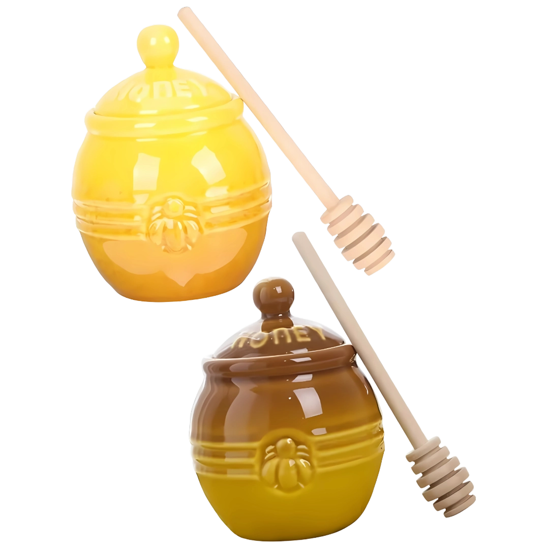 Ceramic Honey Pot with Dipper and Stand – Farmhouse Style