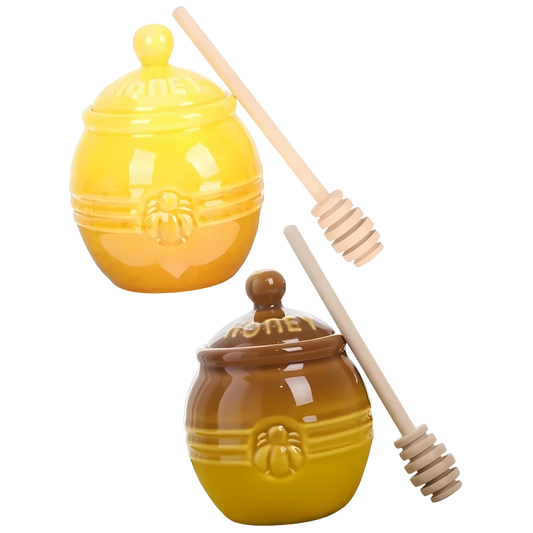 Ceramic Honey Pot with Dipper and Stand – Farmhouse Style