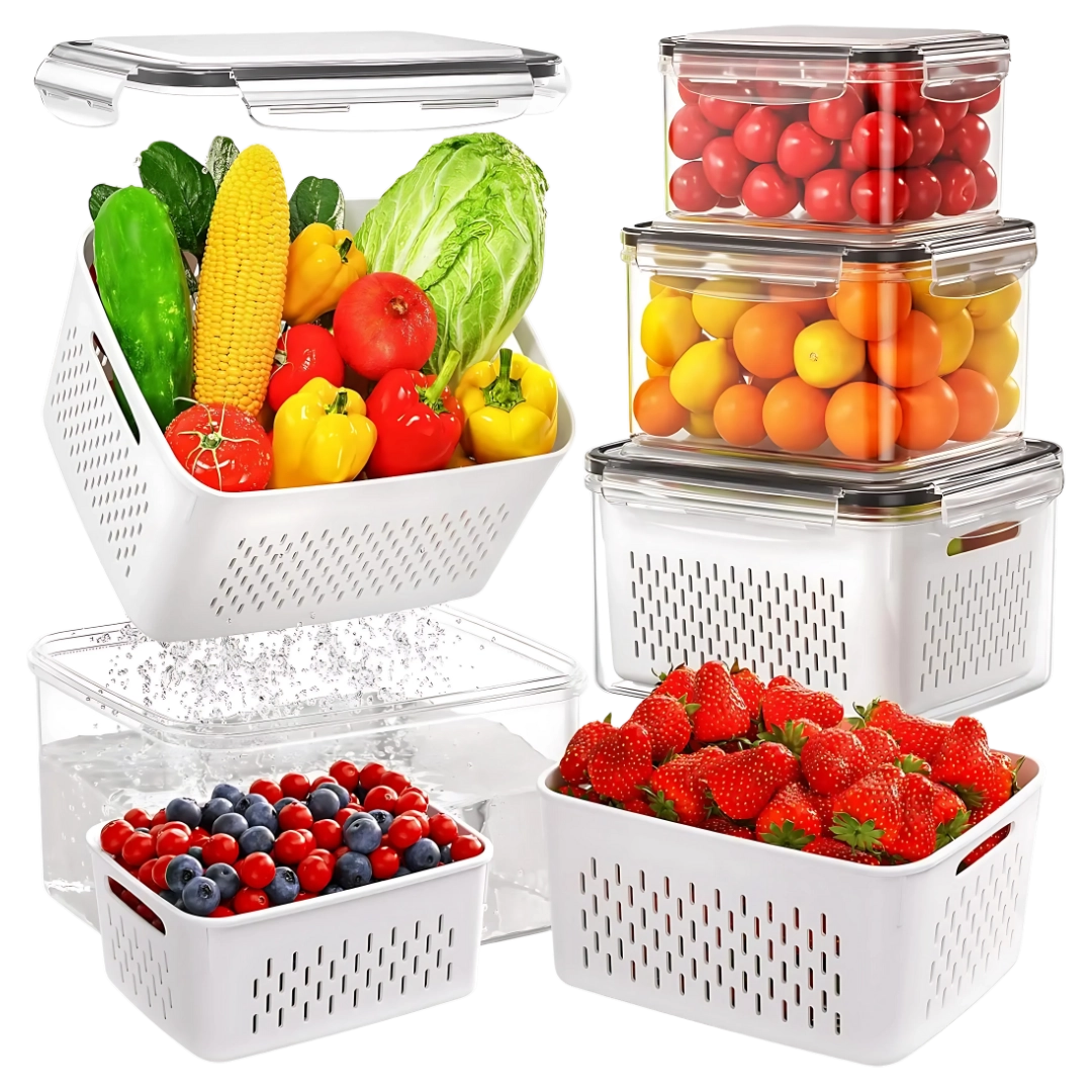 Fruit Storage Container for Fridge with Removable Washing Strainer