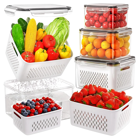 Fruit Storage Container for Fridge with Removable Washing Strainer