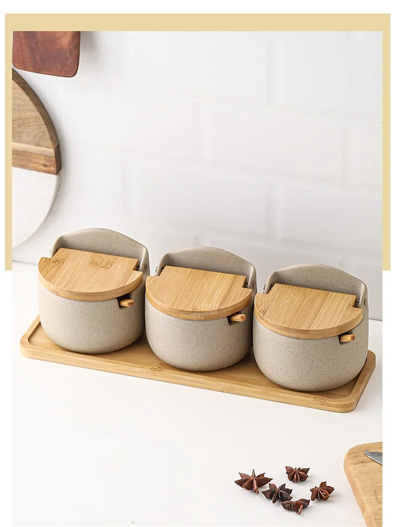 Japanese Style Ceramic Spice Jar with Bamboo Lid & Spoon