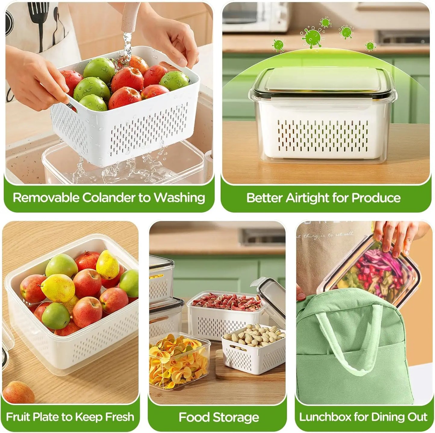 Fruit Storage Container for Fridge with Removable Washing Strainer