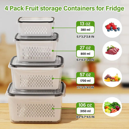 Fruit Storage Container for Fridge with Removable Washing Strainer