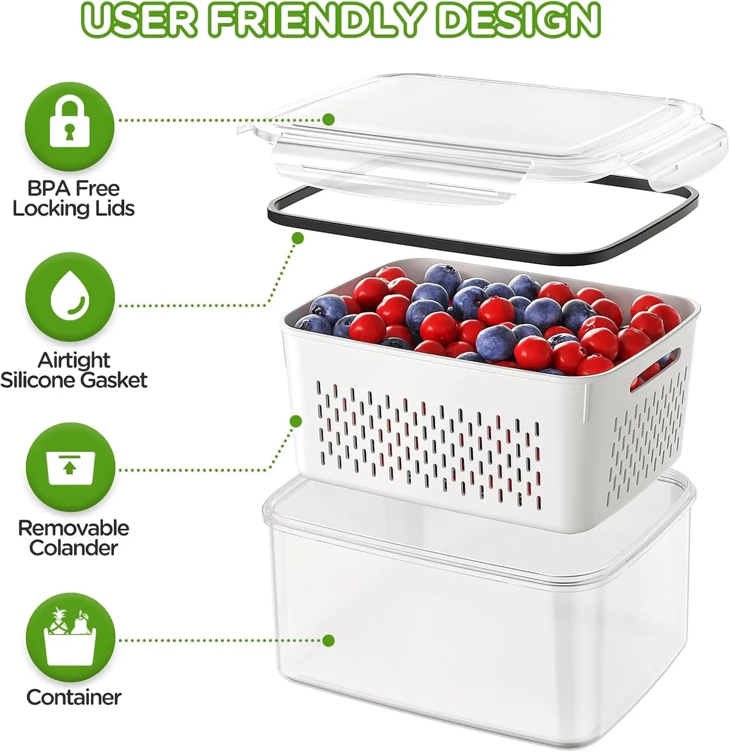 Fruit Storage Container for Fridge with Removable Washing Strainer