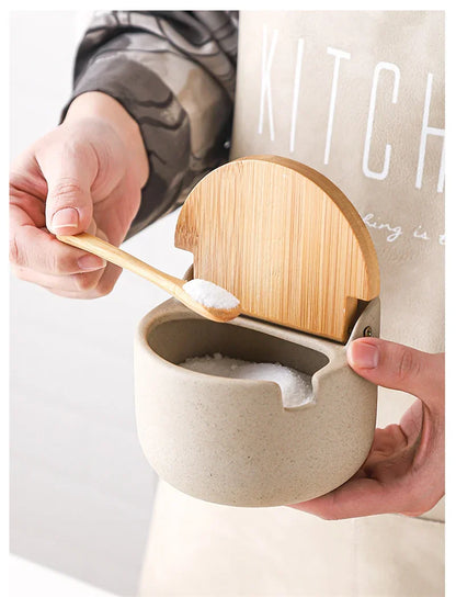 Japanese Style Ceramic Spice Jar with Bamboo Lid & Spoon