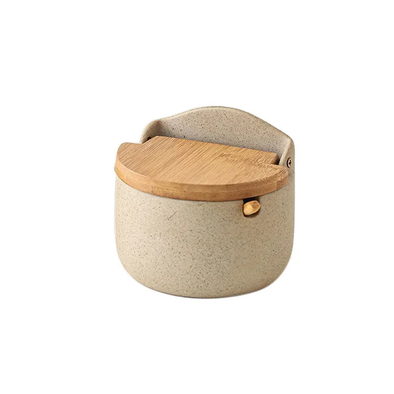 Japanese Style Ceramic Spice Jar with Bamboo Lid & Spoon