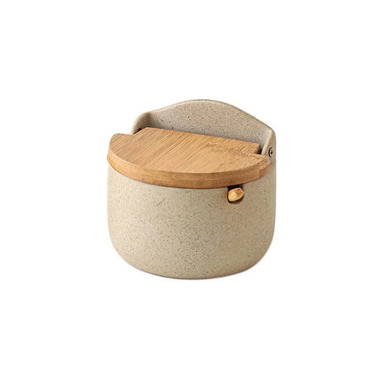 Japanese Style Ceramic Spice Jar with Bamboo Lid & Spoon