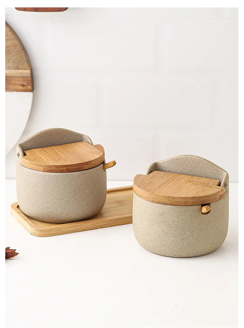 Japanese Style Ceramic Spice Jar with Bamboo Lid & Spoon