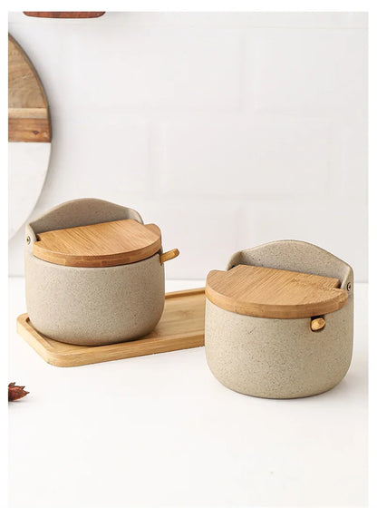 Japanese Style Ceramic Spice Jar with Bamboo Lid & Spoon