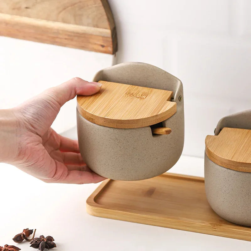 Japanese Style Ceramic Spice Jar with Bamboo Lid & Spoon