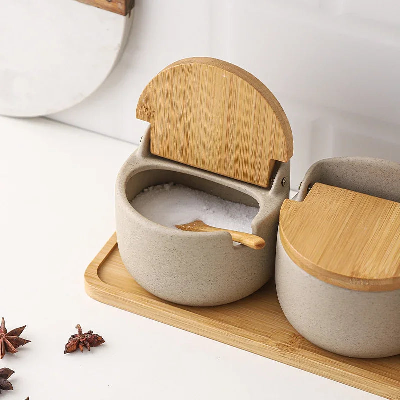 Japanese Style Ceramic Spice Jar with Bamboo Lid & Spoon