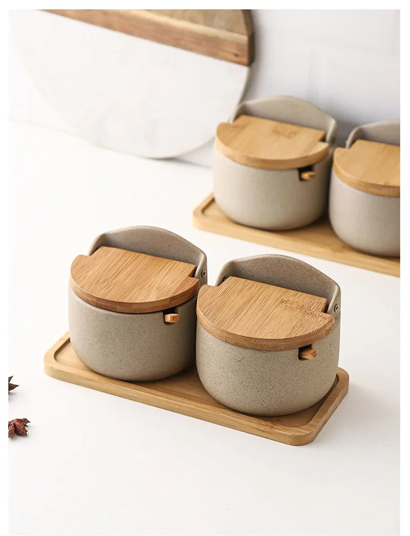Japanese Style Ceramic Spice Jar with Bamboo Lid & Spoon