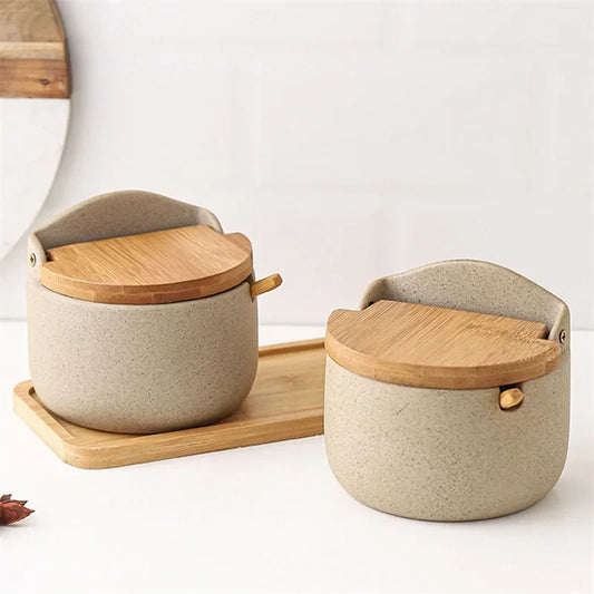 Japanese Style Ceramic Spice Jar with Bamboo Lid & Spoon
