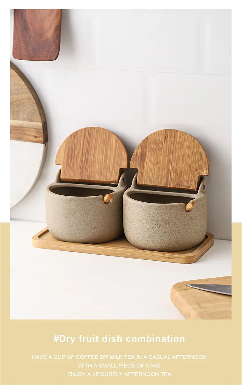 Japanese Style Ceramic Spice Jar with Bamboo Lid & Spoon