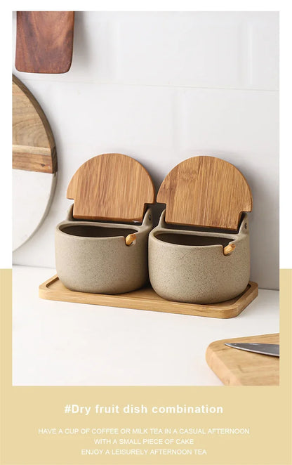 Japanese Style Ceramic Spice Jar with Bamboo Lid & Spoon
