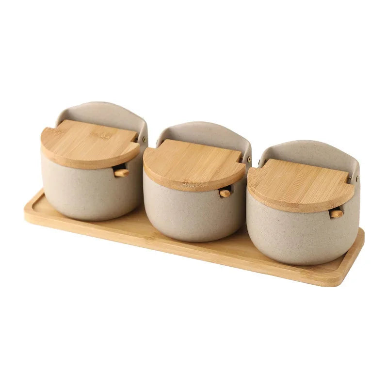 Japanese Style Ceramic Spice Jar with Bamboo Lid & Spoon