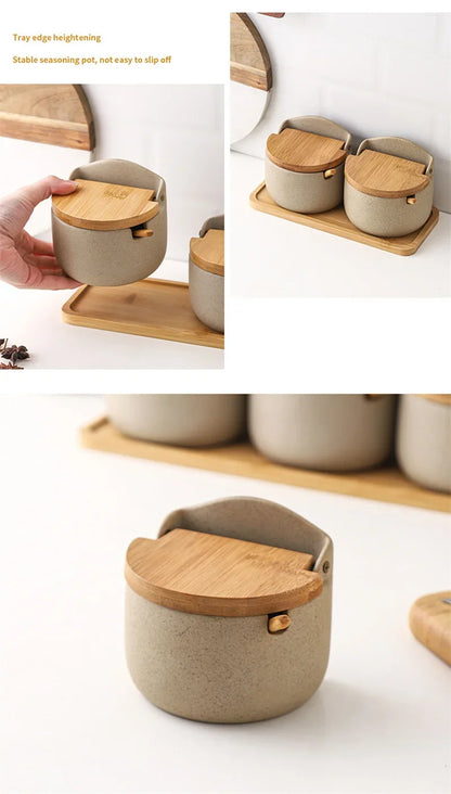 Japanese Style Ceramic Spice Jar with Bamboo Lid & Spoon