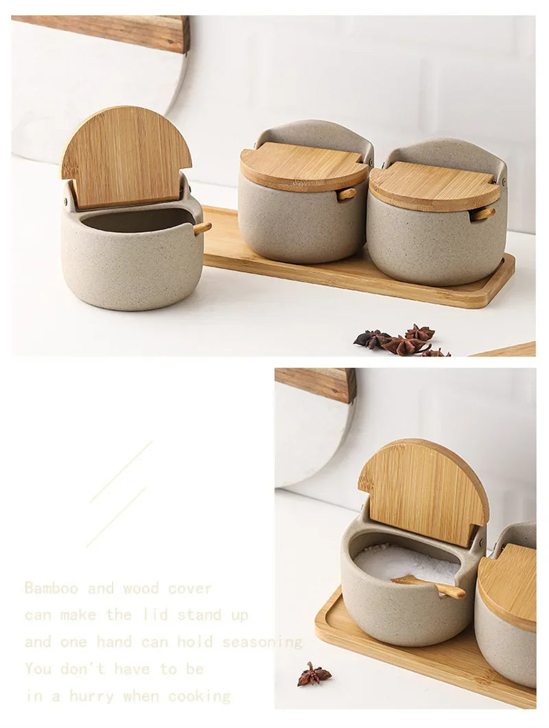 Japanese Style Ceramic Spice Jar with Bamboo Lid & Spoon