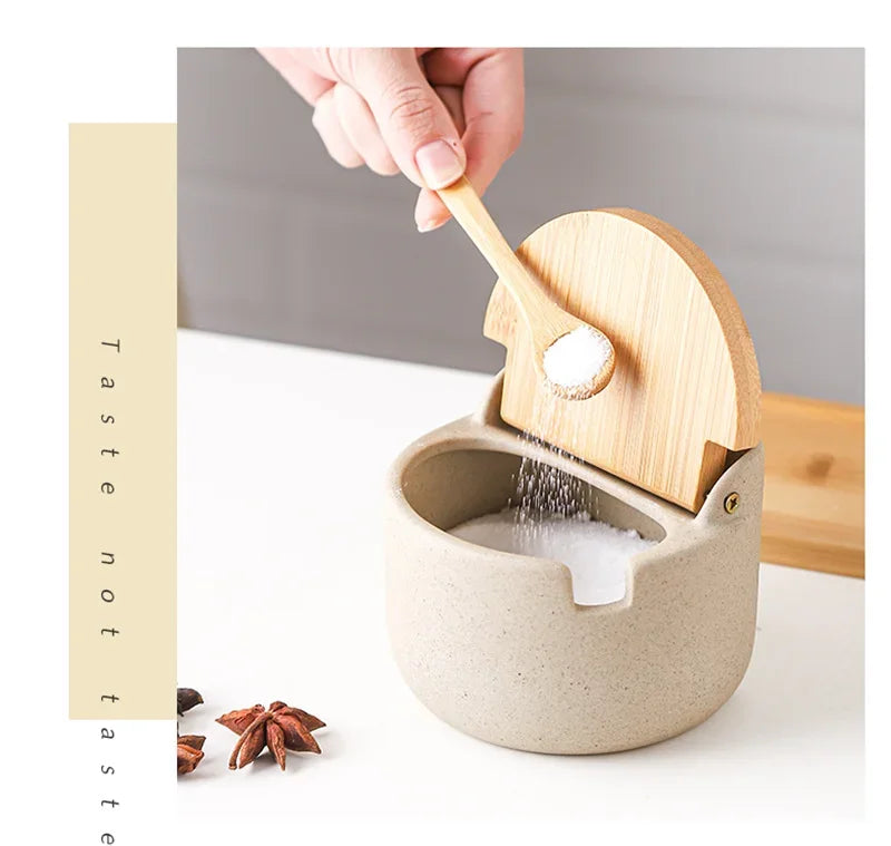 Japanese Style Ceramic Spice Jar with Bamboo Lid & Spoon