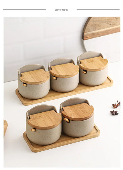 Japanese Style Ceramic Spice Jar with Bamboo Lid & Spoon