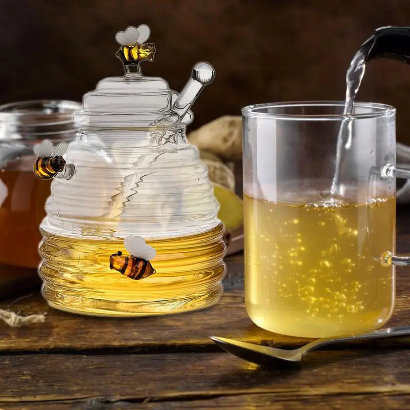 Glass Beehive Honey Jar with Glass Dipper Spoon