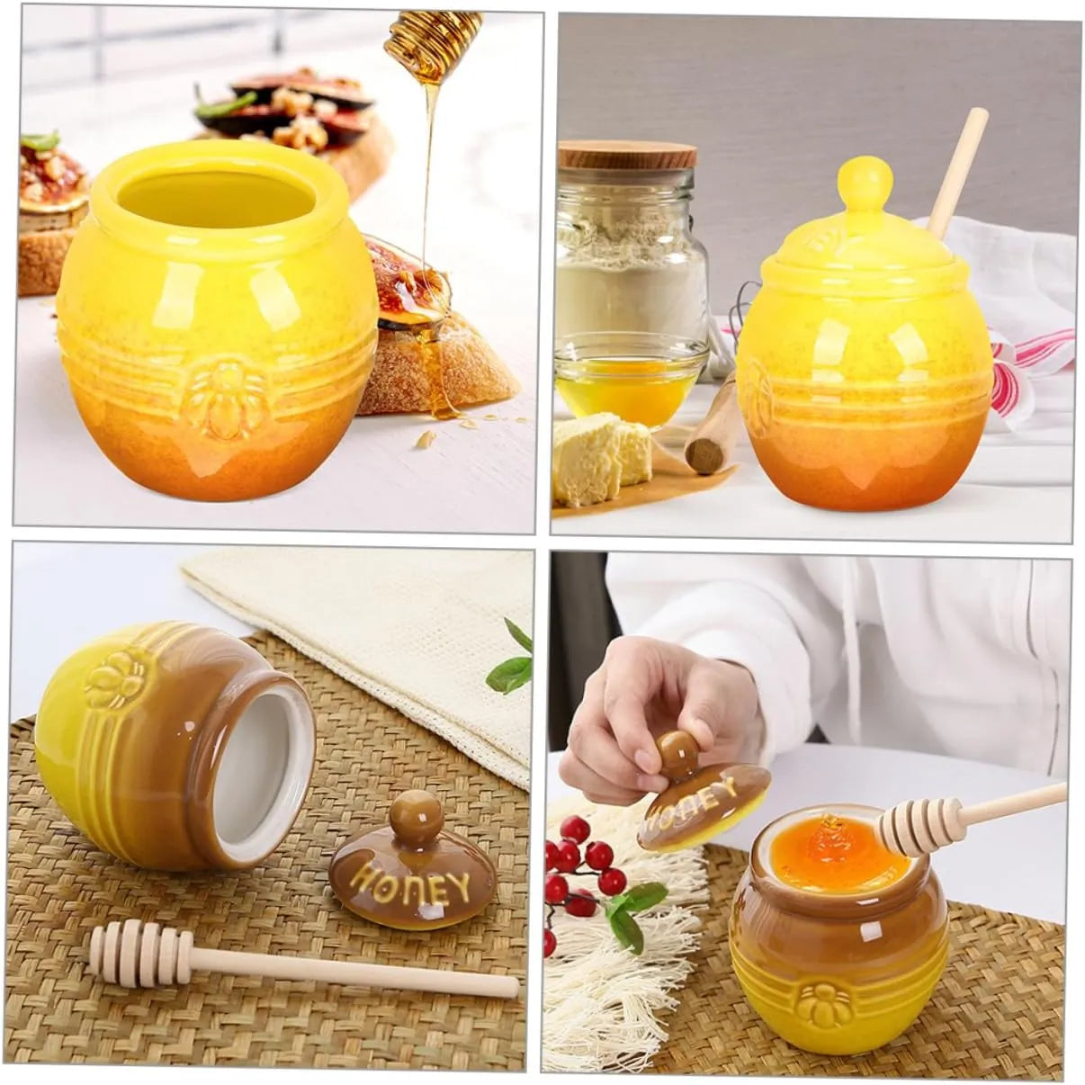 Ceramic Honey Pot with Dipper and Stand – Farmhouse Style