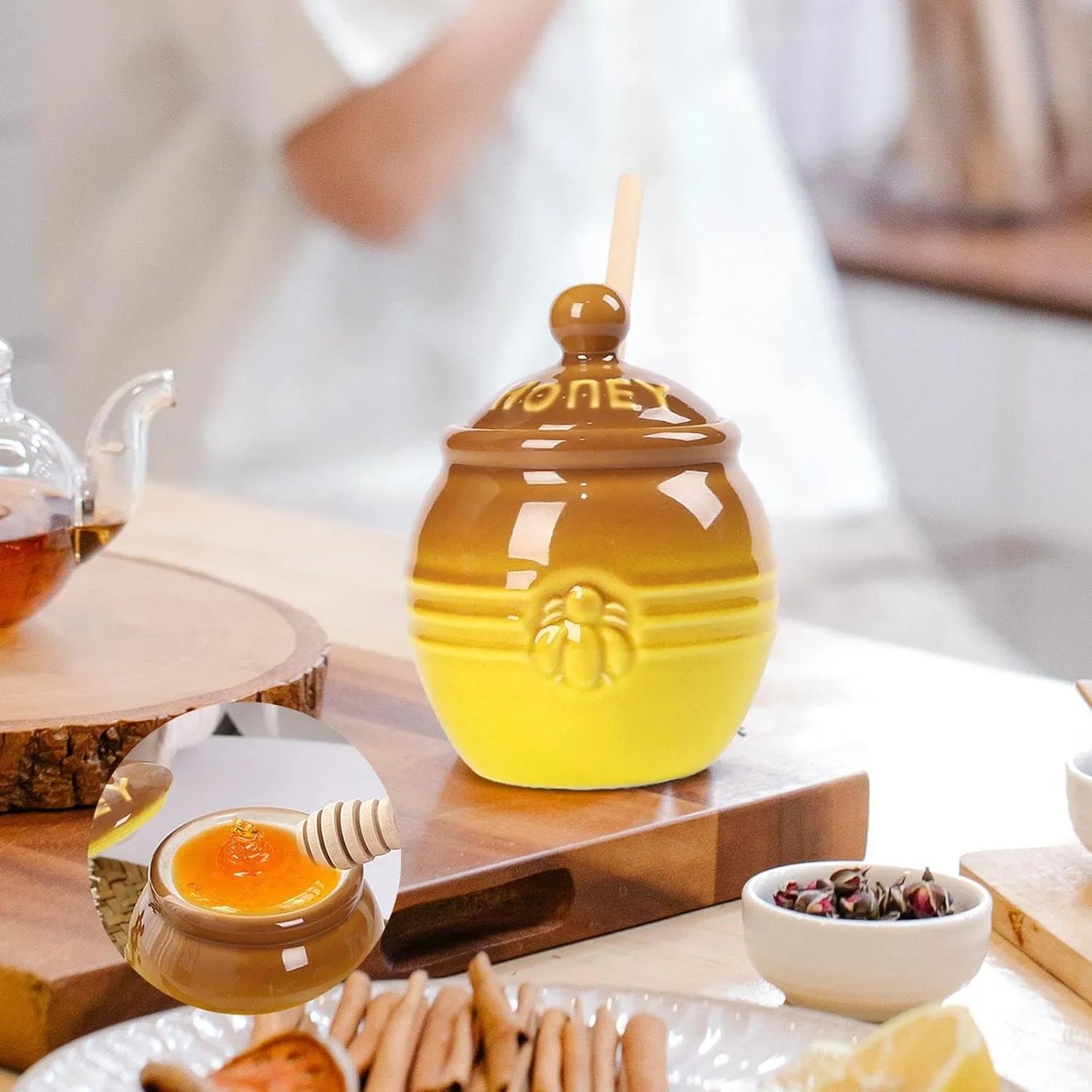 Ceramic Honey Pot with Dipper and Stand – Farmhouse Style